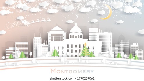 Montgomery Alabama USA City Skyline in Paper Cut Style with Snowflakes, Moon and Neon Garland. Vector Illustration. Christmas and New Year Concept. Santa Claus on Sleigh.