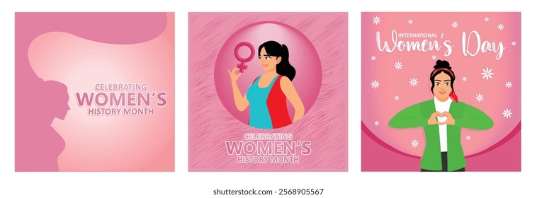 Month to appreciate the contributions of women in history. Celebrating Women's History Month. Woman with heart-shaped hands. Women's History Month 2025 concept. Set flat vector illustration.