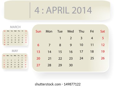 Month of April 2014 calendar template background with simple classic paper bubble design, vector eps10