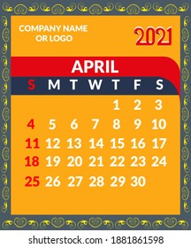 Month of April 2021 modern Calendar, Print Template with colorful, 
Your Logo and Text. Week Starts Sunday. Portrait Orientation. Planner for 2021 Year, Wall Monthly Calendar template.