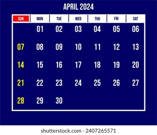 Month April 2024 calendar with blue background and white numbers