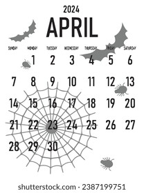 Month of April 2024 Year Halloween Style Calendar, Week Starts on Sunday Vector Illustration Abstract Black and White Editable image