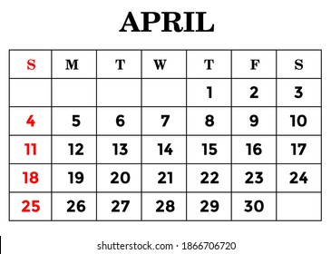 Month april.Calendar for 2021 isolated on a white background. Sunday to Monday, business template. Vector illustration.
