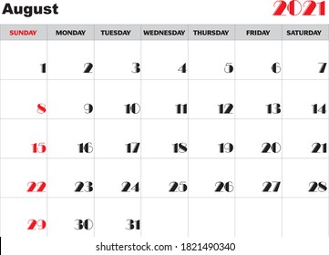 Month August 2021 Calendar Vector