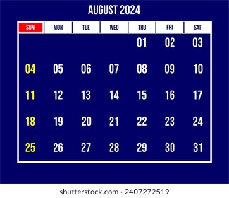 Month August 2024 calendar with blue background and white numbers