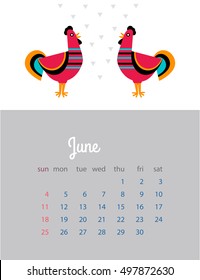 Month calendar 2017 year. Calendar 2017. Year of Red rooster. Calendar page for one month with cock. Decorative rooster ornamented bird.Vector calendar for 2017. Template with week starts Sunday.