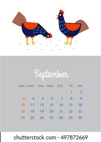 Month calendar 2017 year. Calendar 2017. Year of Red rooster. Calendar page for one month with cock. Decorative rooster ornamented bird.Vector calendar for 2017. Template with week starts Sunday.
