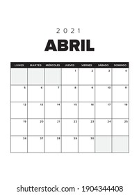 Month calendar 2021. Spanish version 