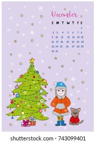 the month calendar December 2018, tree girl and dog celebrating Christmas, purple background