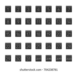Month calendar glyph icons set. Dates silhouette symbols. Days of months. 2017, 2018, 2019, 2020 year calendars. Vector isolated illustration