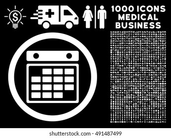 Month Calendar icon with 1000 medical commerce white vector pictograms. Collection style is flat symbols, black background.