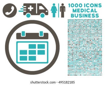 Month Calendar icon with 1000 medical business grey and cyan vector pictographs. Design style is flat bicolor symbols, white background.