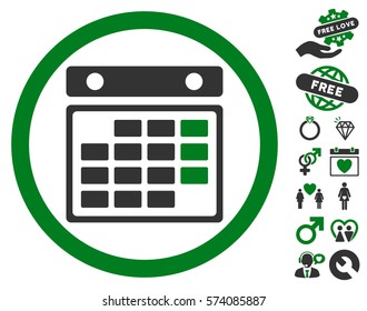 Month Calendar icon with bonus amour pictures. Vector illustration style is flat rounded iconic green and gray symbols on white background.