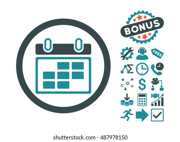 Month Calendar icon with bonus elements. Vector illustration style is flat iconic bicolor symbols, soft blue colors, white background.