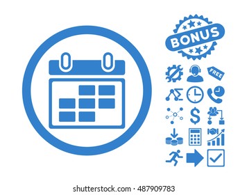 Month Calendar icon with bonus images. Vector illustration style is flat iconic symbols, cobalt color, white background.