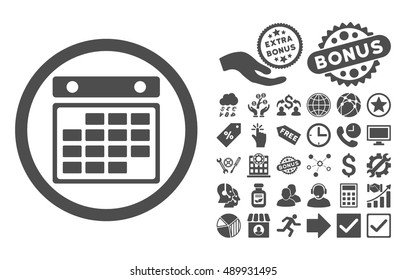 Month Calendar icon with bonus images. Vector illustration style is flat iconic symbols, gray color, white background.