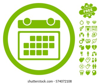 Month Calendar icon with bonus love images. Vector illustration style is flat rounded iconic eco green symbols on white background.