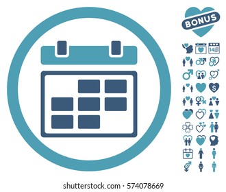 Month Calendar icon with bonus love images. Vector illustration style is flat rounded iconic cyan and blue symbols on white background.
