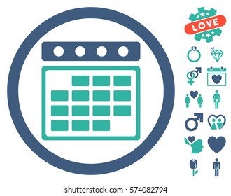 Month Calendar icon with bonus love design elements. Vector illustration style is flat rounded iconic cobalt and cyan symbols on white background.