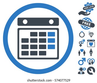 Month Calendar icon with bonus passion pictograms. Vector illustration style is flat rounded iconic smooth blue symbols on white background.