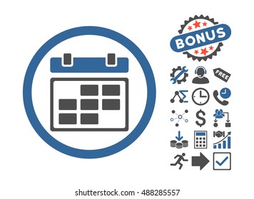 Month Calendar icon with bonus icon set. Vector illustration style is flat iconic bicolor symbols, cobalt and gray colors, white background.