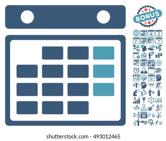 Month Calendar icon with bonus calendar and time management icon set. Vector illustration style is flat iconic bicolor symbols, cyan and blue colors, white background.