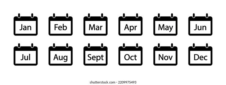 Month calendar icon vector set. Week calendar schedule.  January, February, March, April, May, June, July, August, September, October, November and December schedule. Vector illustration.