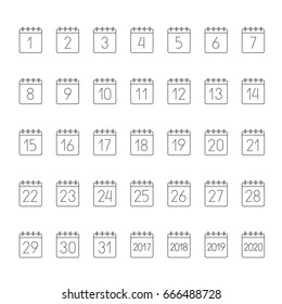 Month calendar linear icons set. Dates. Days of months Thin line contour symbols. 2017, 2018, 2019, 2020 yearly calendars. Isolated vector outline illustrations. Editable stroke