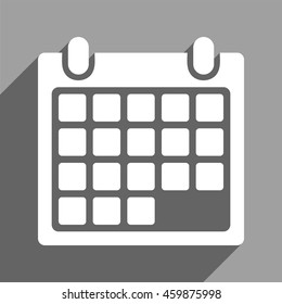 Month Calendar long shadow vector icon. Style is a flat month calendar white iconic symbol on a gray square background.