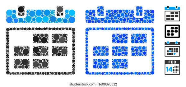 Month calendar mosaic of filled circles in various sizes and shades, based on month calendar icon. Vector filled circles are combined into blue illustration.