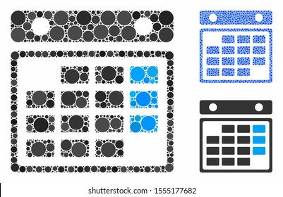 Month calendar mosaic of small circles in different sizes and color hues, based on month calendar icon. Vector round dots are combined into blue mosaic.