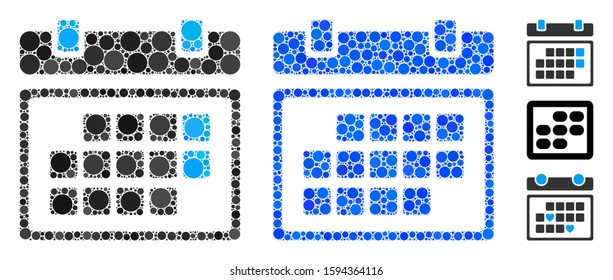 Month calendar mosaic of small circles in various sizes and color hues, based on month calendar icon. Vector circle elements are grouped into blue mosaic.