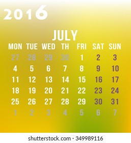 Month calendar on blurred background vector July