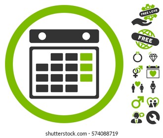 Month Calendar pictograph with bonus amour graphic icons. Vector illustration style is flat rounded iconic eco green and gray symbols on white background.