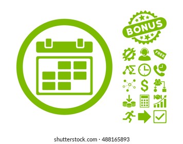 Month Calendar pictograph with bonus clip art. Vector illustration style is flat iconic symbols, eco green color, white background.