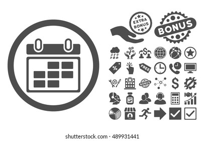 Month Calendar pictograph with bonus clip art. Vector illustration style is flat iconic symbols, gray color, white background.