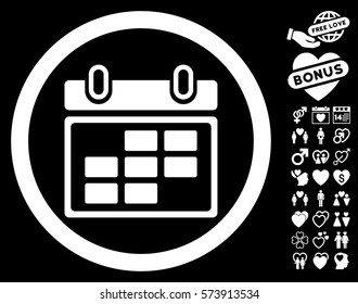 Month Calendar pictograph with bonus dating images. Vector illustration style is flat rounded iconic white symbols on black background.