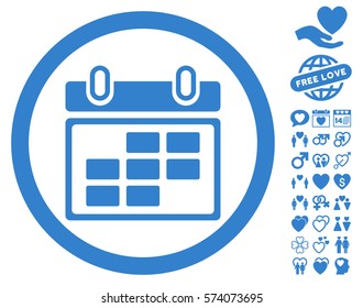 Month Calendar pictograph with bonus decoration images. Vector illustration style is flat rounded iconic cobalt symbols on white background.