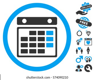 Month Calendar pictograph with bonus decoration pictograms. Vector illustration style is flat rounded iconic blue and gray symbols on white background.