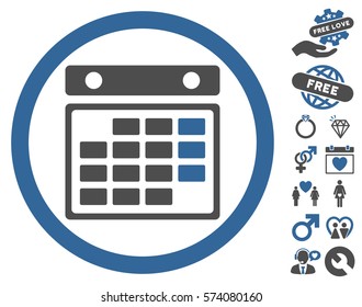 Month Calendar pictograph with bonus love clip art. Vector illustration style is flat rounded iconic cobalt and gray symbols on white background.