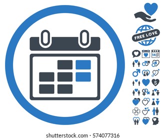 Month Calendar pictograph with bonus lovely clip art. Vector illustration style is flat rounded iconic smooth blue symbols on white background.