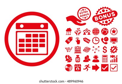 Month Calendar pictograph with bonus pictures. Vector illustration style is flat iconic symbols, red color, white background.