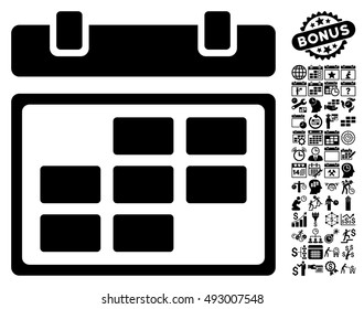 Month Calendar pictograph with bonus calendar and time management pictures. Vector illustration style is flat iconic symbols, black color, white background.