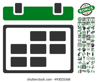 Month Calendar pictograph with bonus calendar and time management graphic icons. Vector illustration style is flat iconic bicolor symbols, green and gray colors, white background.