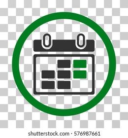 Month Calendar rounded icon. Vector bicolor illustration style is a flat iconic symbol inside a circle, green and gray colors, transparent background. Designed for web and software interfaces.