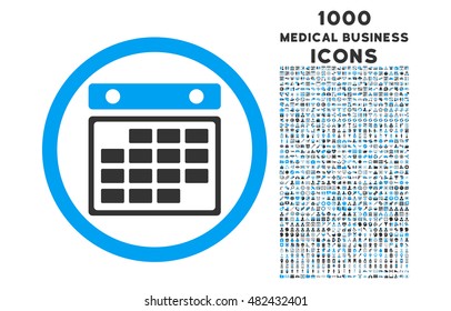 Month Calendar rounded vector bicolor icon with 1000 medical business icons. Set style is flat pictograms, blue and gray colors, white background.