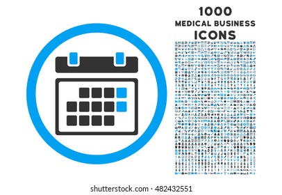 Month Calendar rounded vector bicolor icon with 1000 medical business icons. Set style is flat pictograms, blue and gray colors, white background.