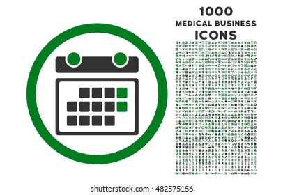 Month Calendar rounded vector bicolor icon with 1000 medical business icons. Set style is flat pictograms, green and gray colors, white background.