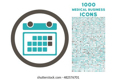 Month Calendar rounded vector bicolor icon with 1000 medical business icons. Set style is flat pictograms, grey and cyan colors, white background.