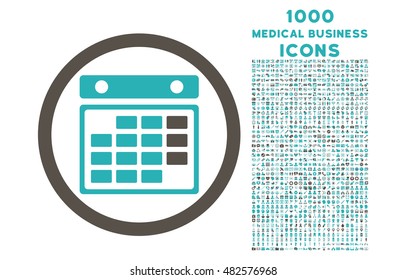 Month Calendar rounded vector bicolor icon with 1000 medical business icons. Set style is flat pictograms, grey and cyan colors, white background.